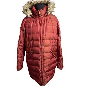 Lands End Women’s SZ XL Hooded Down Coat Jacket Puffer Long Shimmer Red Orange